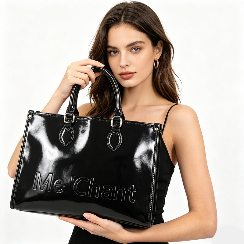 Top Handle Patent Bag - Damska czarna błyszcząca torba typu tote