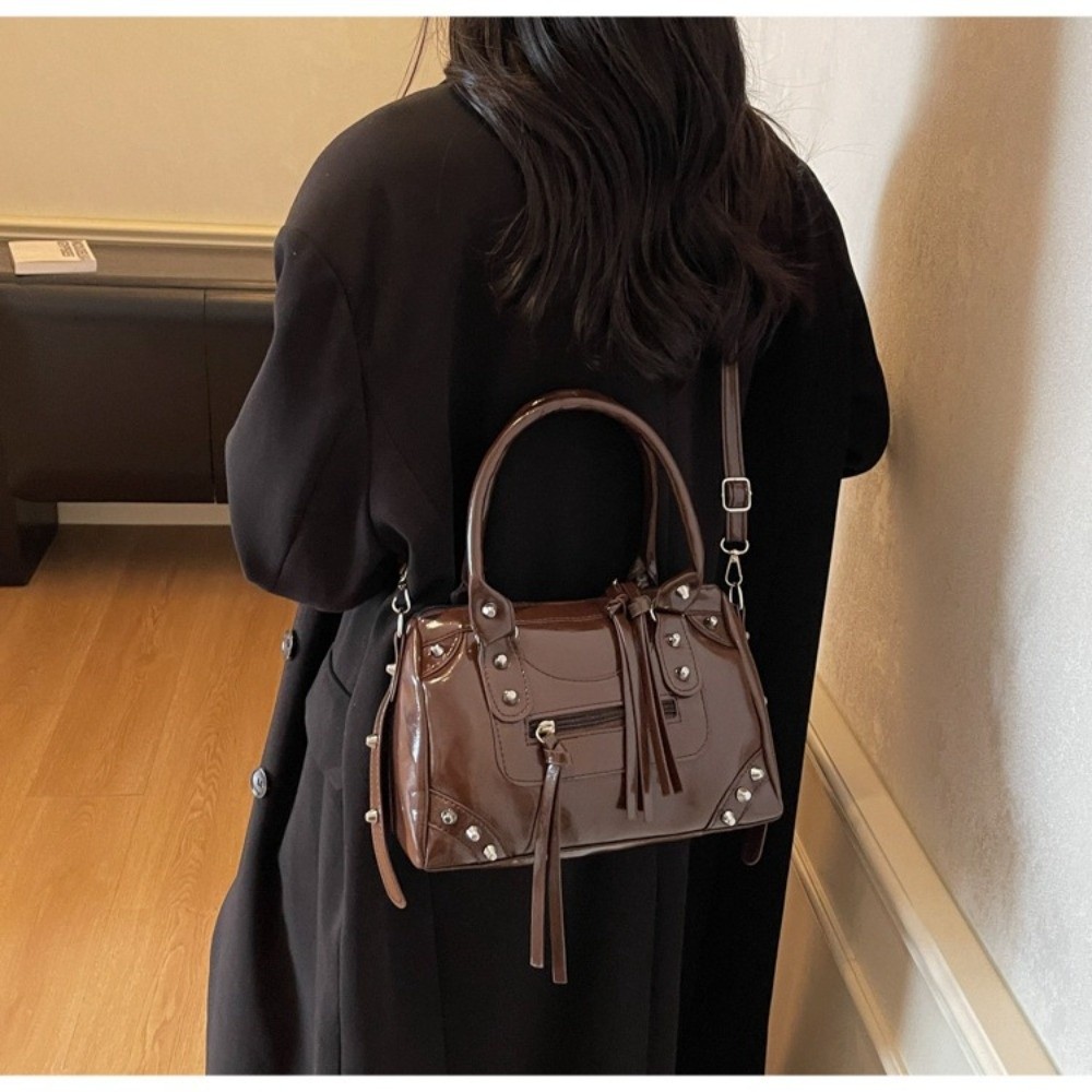 Top Handle Patent Bag - Torba damska z nitami, duża pojemność,