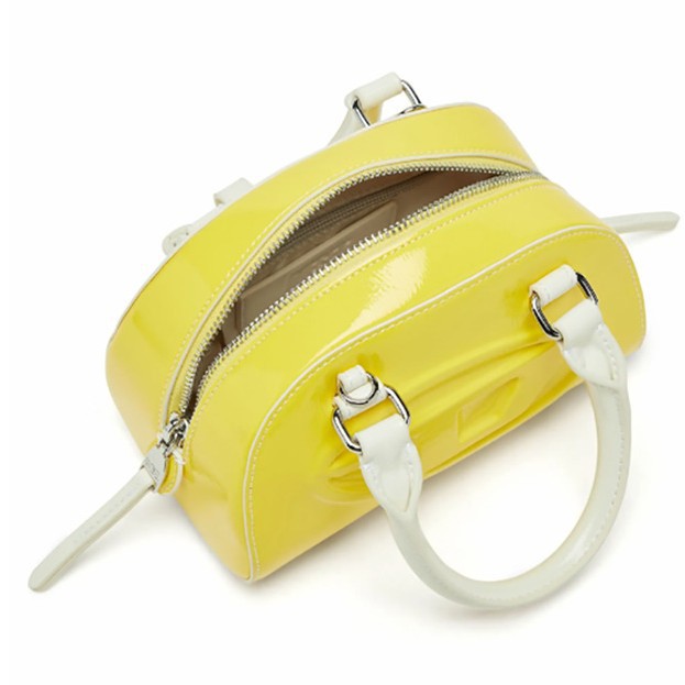 Top Handle Patent Bag - Jasnożółta, błyszcząca, lakierowana mini torebka Boston