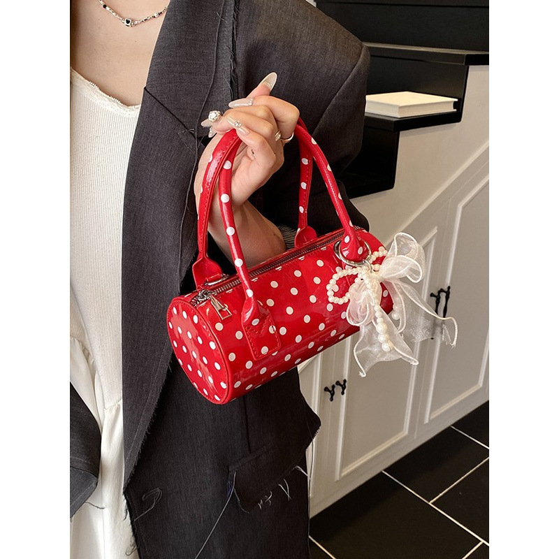 Top Handle Patent Bag - Damska urocza torebka w kropki z